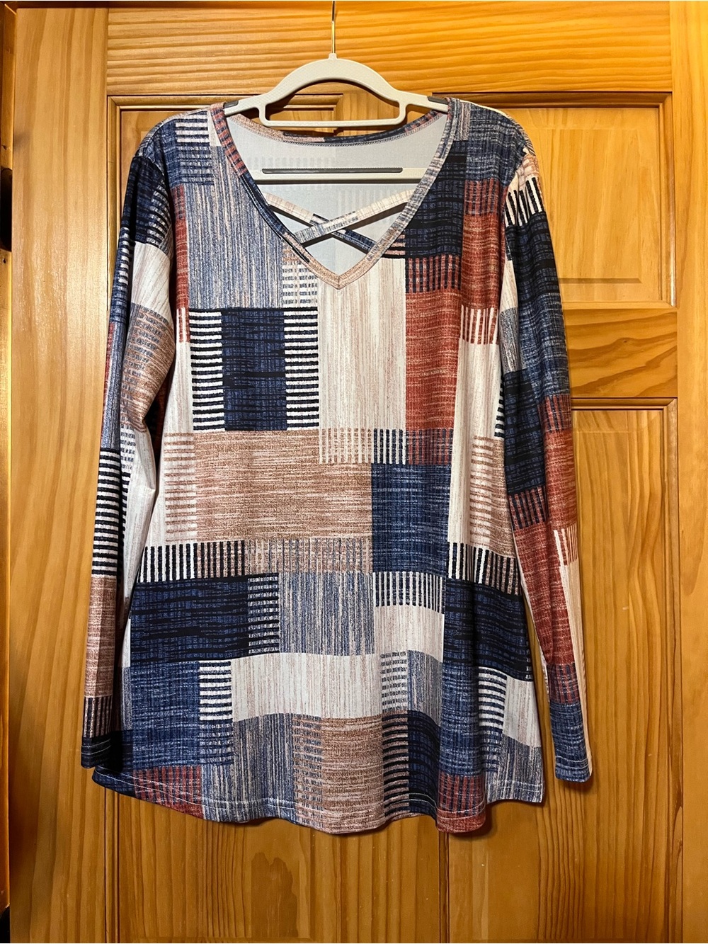 Patchwork Crisscross V-Neck Long Sleeve Top - Multi Color